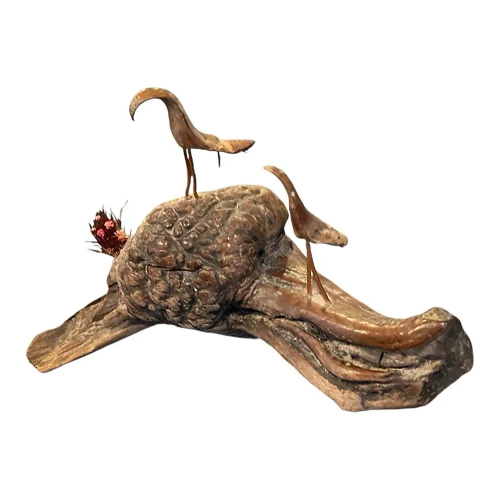 Vtg Burl Wood Driftwood Art Statue Pinecone Birds‎ Copper Wire Legs Decor
